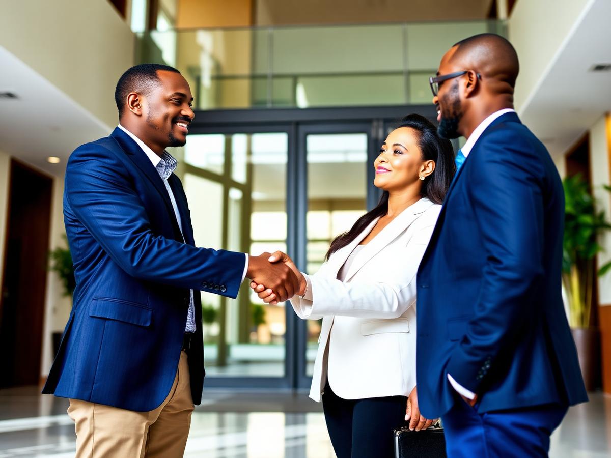 Maska Agencies property manager meeting landlords in a modern building lobby in Kenya